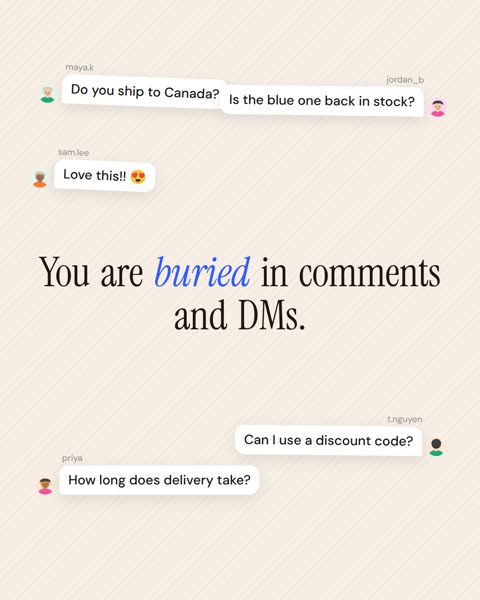 Comment cluster scene: floating customer comment bubbles around a headline