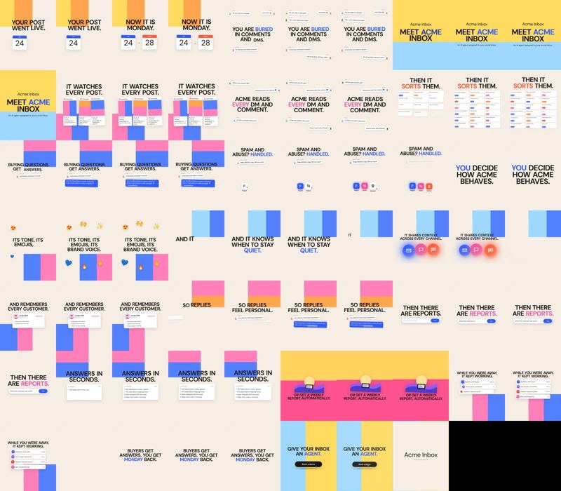 Contact sheet of the same storyboard in Punch Sans: bold uppercase sans on flat yellow, blue and pink blocks